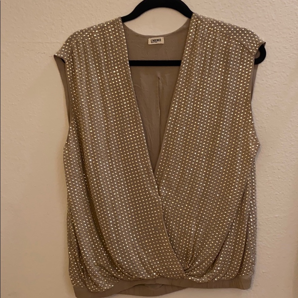 L’AGENCE metallic short sleeve blouse